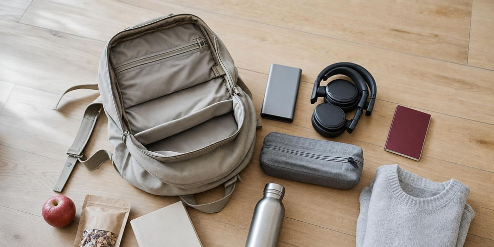 Flat lay of a small under-seat travel backpack with its essential contents arranged around it.
