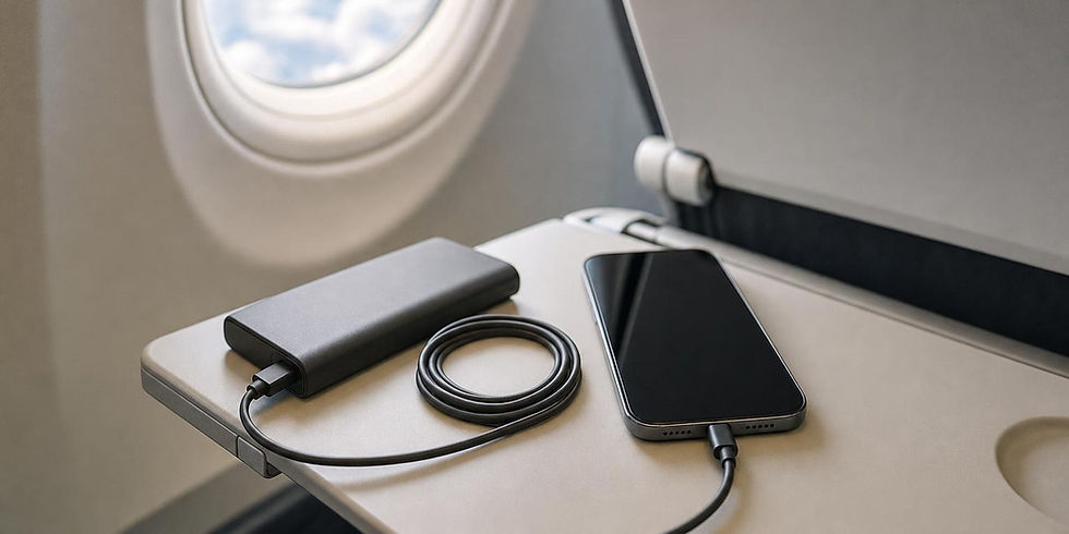 Power bank and phone on an airplane tray table.