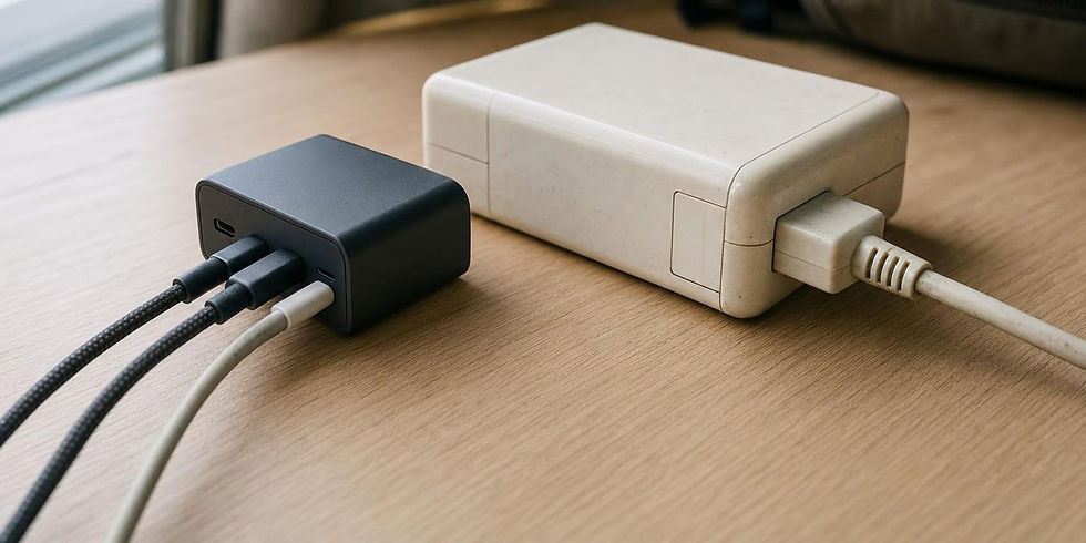 Compact GaN travel charger with multiple USB-C ports next to a laptop and phone on a hotel desk.