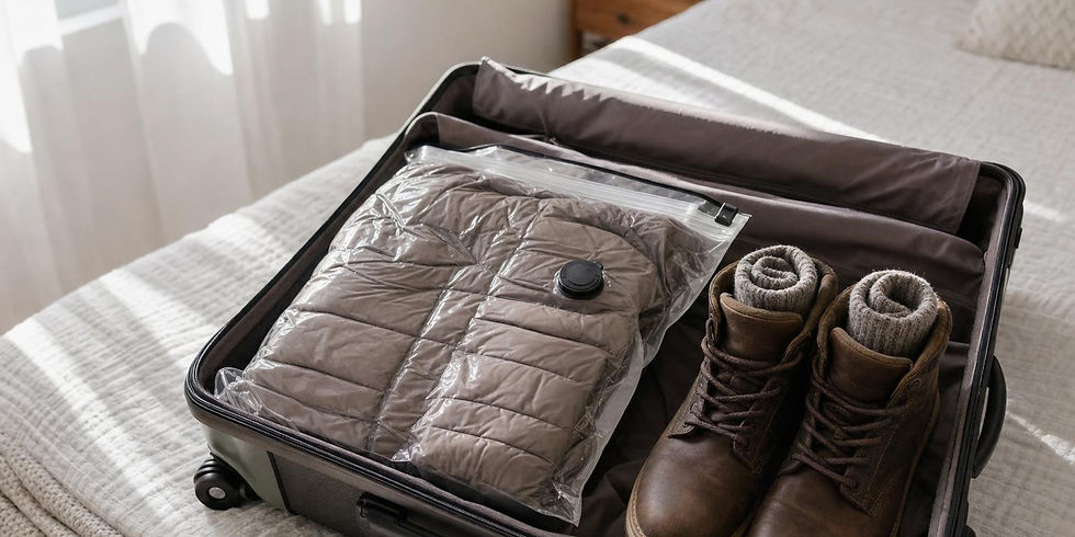 Open suitcase packed tightly with a rolled down jacket, winter boots and folded sweaters.