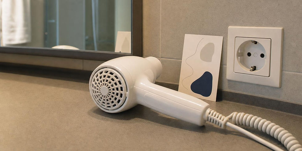 A US hair dryer next to a European power outlet and travel plug adapter.