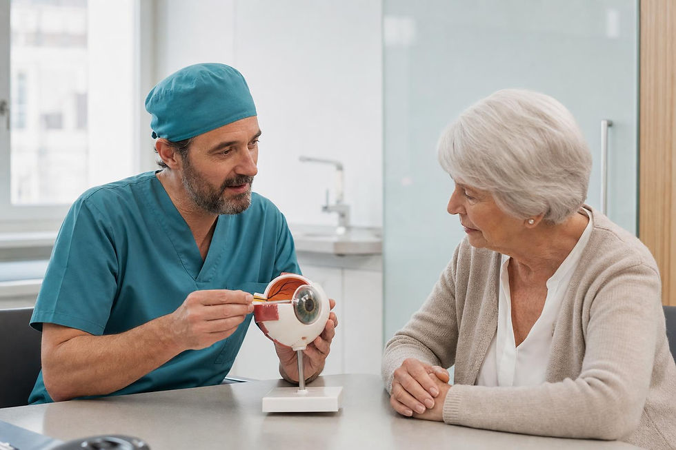 Augenarzt bespricht mit einem Patienten anhand eines Modells eine Glaukom-Operation