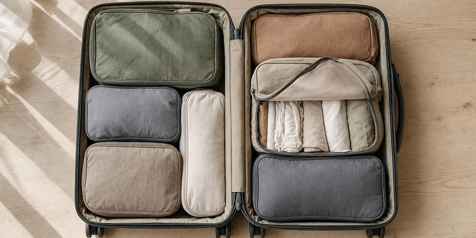 Several zipped packing cubes neatly arranged inside an open suitcase on a bed.