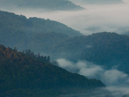 Misty Blue Ridge Mountains in North Carolina representing healing from complex trauma