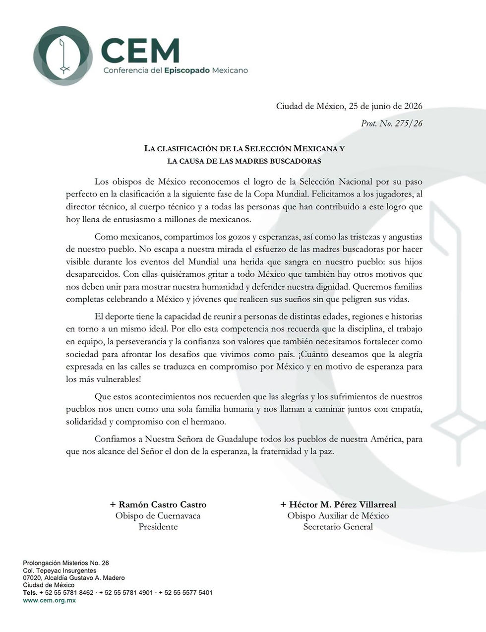 El Episcopado Mexicano emitió un comunicado felicitando a la  Selección Mexicana y a la vez exhorta a no olvidar el drama de las mamás buscadoras