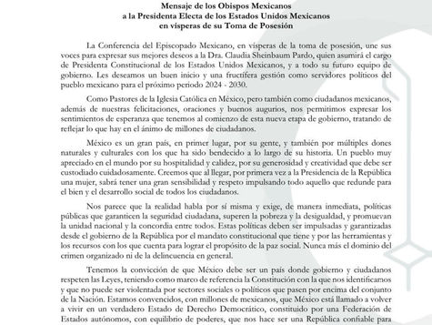 Mensaje de los Obispos a la Presidenta Claudia Sheinbaum en vísperas de su toma de posesión