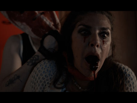 Neon-lit scene from Slashercise featuring a masked killer inside an 80s-style fitness studio.