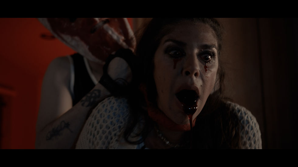 Neon-lit scene from Slashercise featuring a masked killer inside an 80s-style fitness studio.