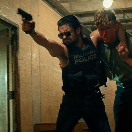 Still from Blind Cop 2 featuring a blind vigilante cop in an 80s-style action scene.