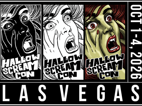 Crowd of costumed fans at a neon-lit convention space during HallowScreamCon Las Vegas launch.