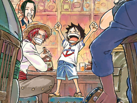 Young Luffy smiling in a cozy village bar with Shanks in The One Piece anime