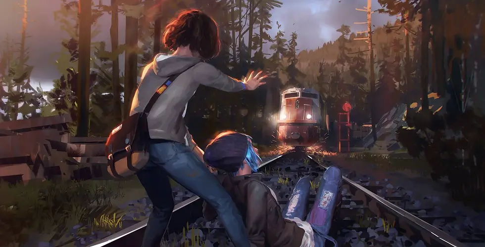 Max and Chloe stand together in a coastal town surrounded by trees and soft evening light.
