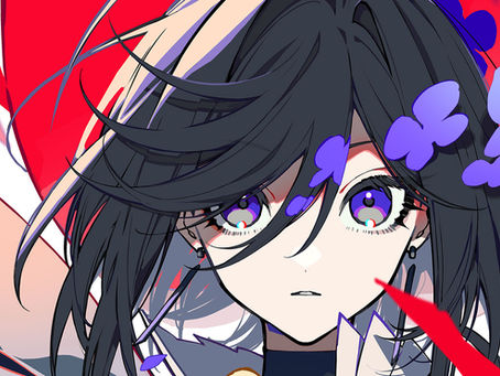 An anime hero stands in a colorful fantasy world holding a weapon.