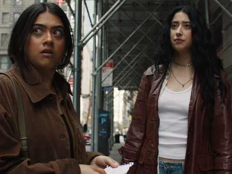 Actors Kuhoo Verma and Taylor Ortega looking concerned on a NYC street in the film Jackrabbit.