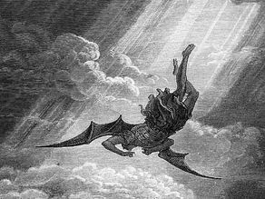 A fallen angel stands in a fiery landscape.