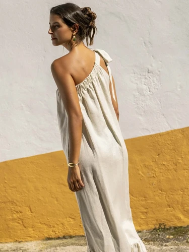 chinese dress ladies Helena One Shoulder Linen Mini Dress / Natural Beige | Meshki
