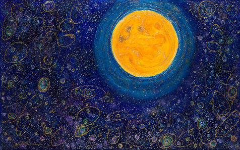 Stars and colorful solar systems under a yellow moon upon closer look is a baby growing in the womb. 
