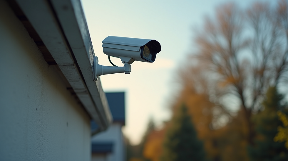Close-up view of a security camera mounted on a house exterior