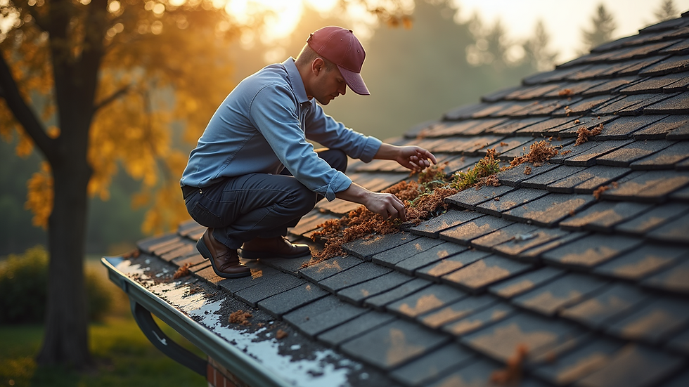 High angle view of a homeowner inspecting the roof for damage