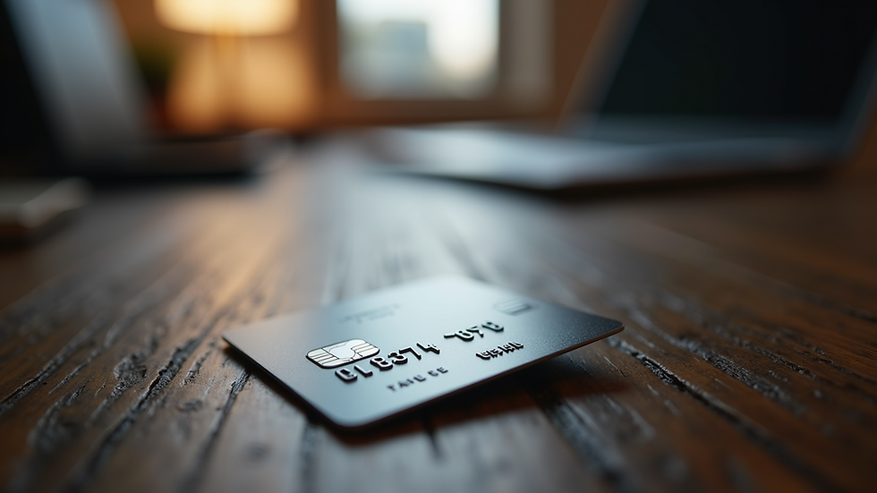 Eye-level view of a sleek credit card on a dark wooden table