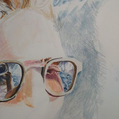 Close up drawing in colored pencil of a man wearing sunglasses