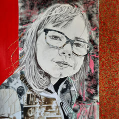 pen drawing of girl with collage