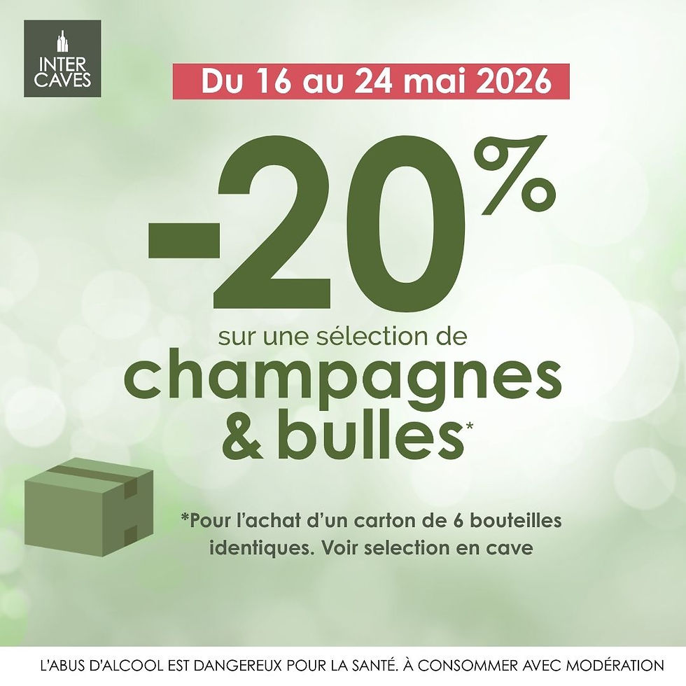 Promo Intercaves: -20% sur champagnes du 16-24 mai 2026. Fond vert, carton illustré. Note modération alcool en bas.