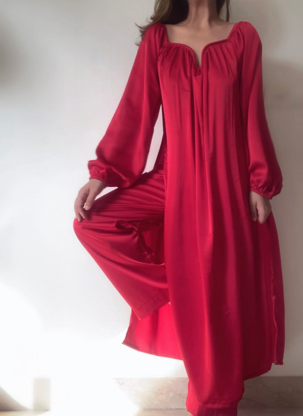 The Valentina Festive Satin: Red Kurta Set