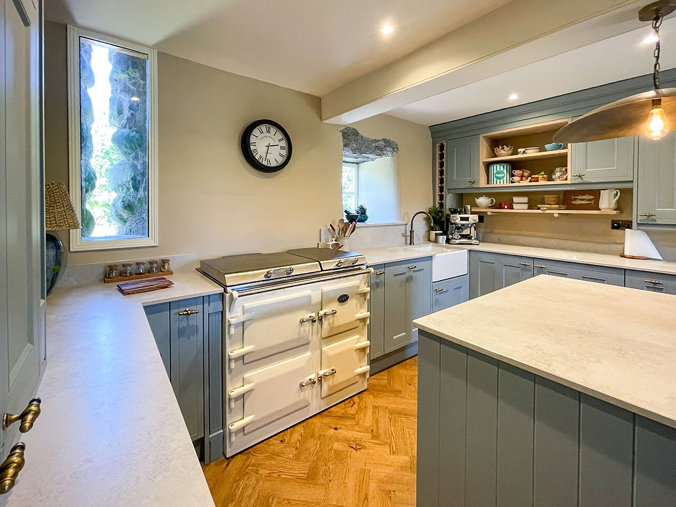 Kitchen at Ysgubor Degwm with a cream everhot, worktops and space for preparing family meals.
