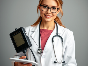 Smiling female doctor in white coat holds a blood pressure monitor and tablet, with stethoscope against a gray background.