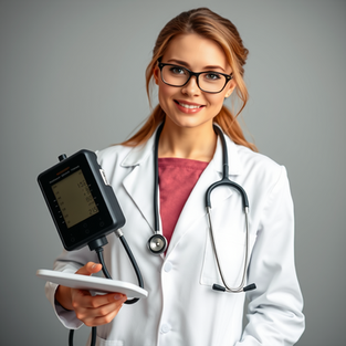 Smiling female doctor in white coat holds a blood pressure monitor and tablet, with stethoscope against a gray background.