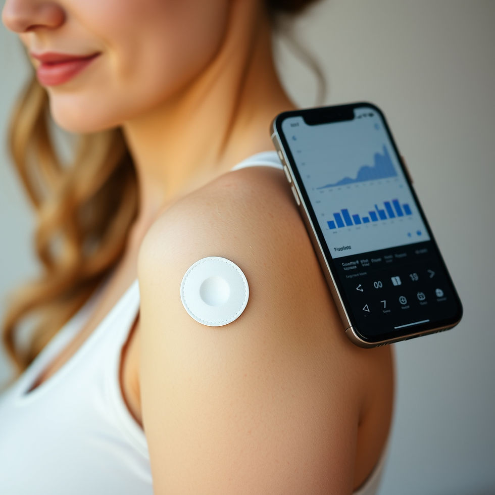 Woman with a white sensor patch on her shoulder, holding a smartphone displaying graphs. She's smiling, suggesting a positive mood.