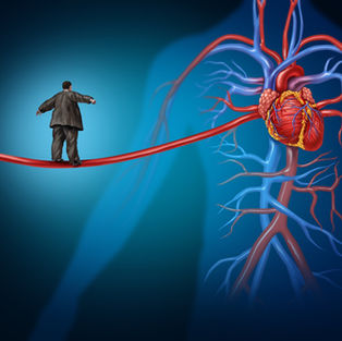 Man balancing on a red artery toward a diseased heart and blood vessels in a blue medical illustration