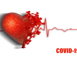 a cartoon 3 d rendition of the heart with a ecg in the background and COVID written in the front