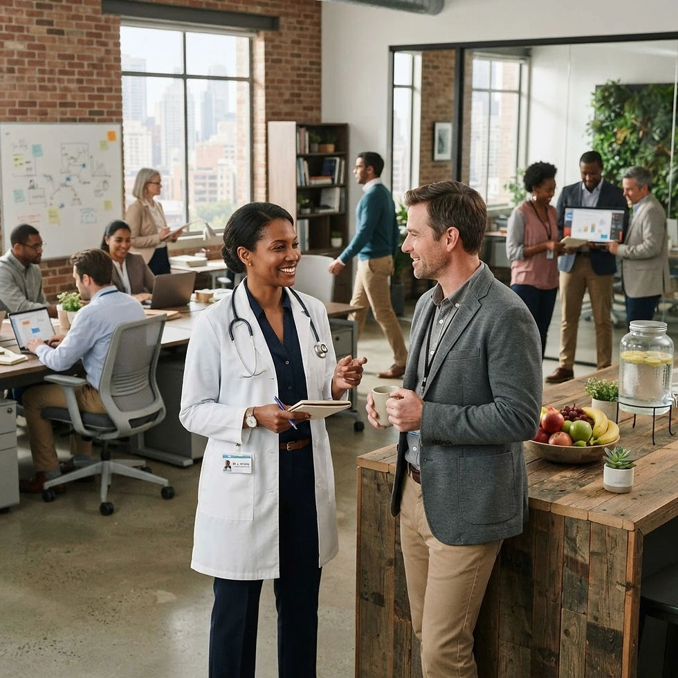 Doctor in white coat chats with a man in a bright office, while coworkers collaborate around laptops and a whiteboard.