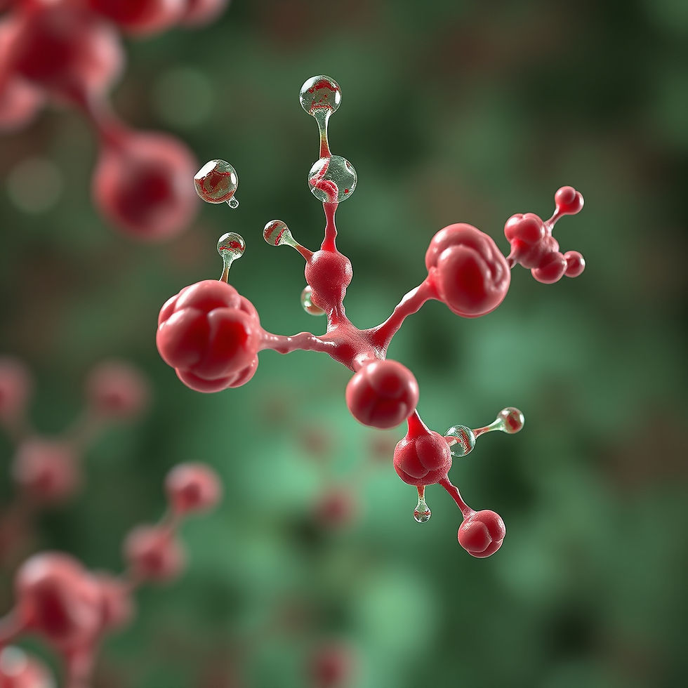 Close-up of red molecular structure with glossy spheres, set against a blurred green background, conveying a scientific theme.