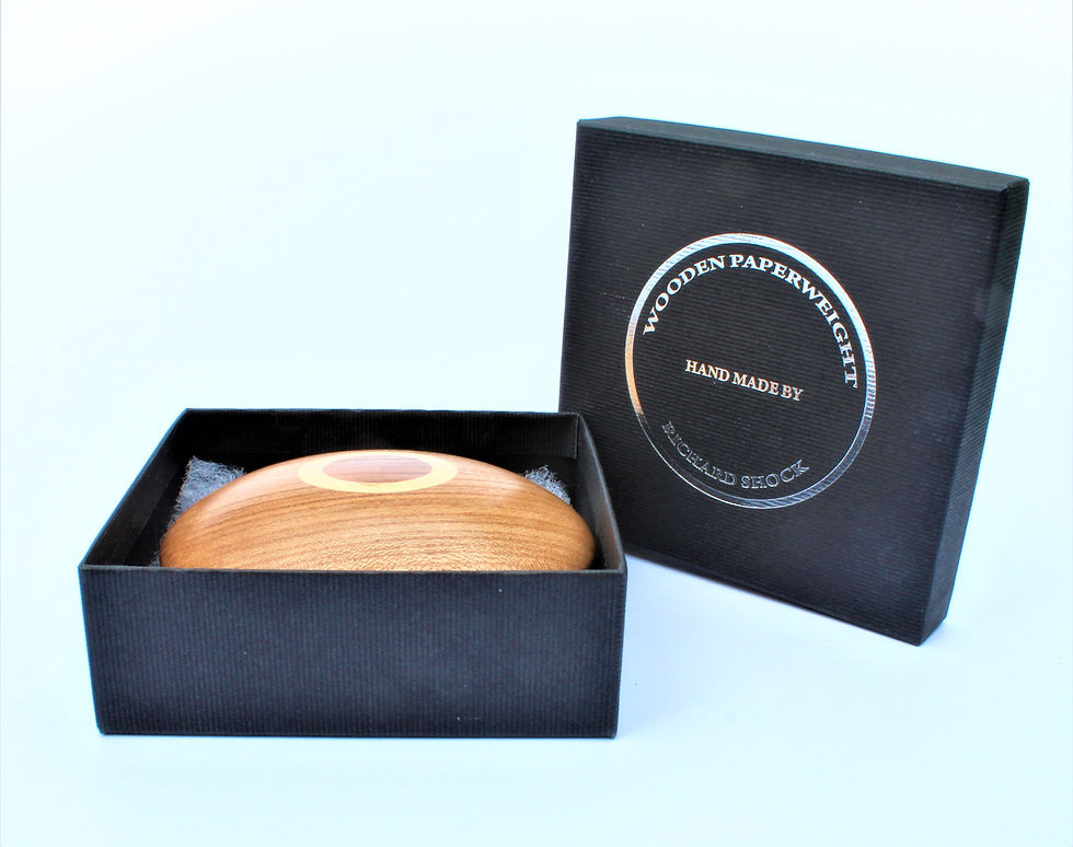 Thumbnail: Gift boxed paperweight in elm with sycamore inlay