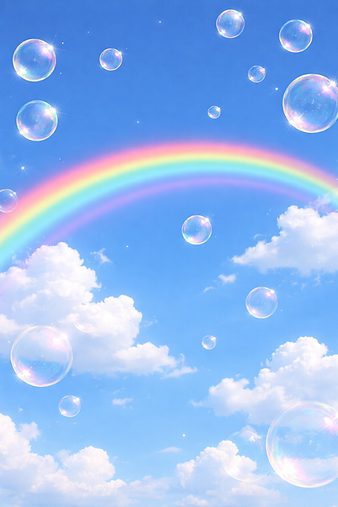 Rainbow and bubbles in a bright sky.png