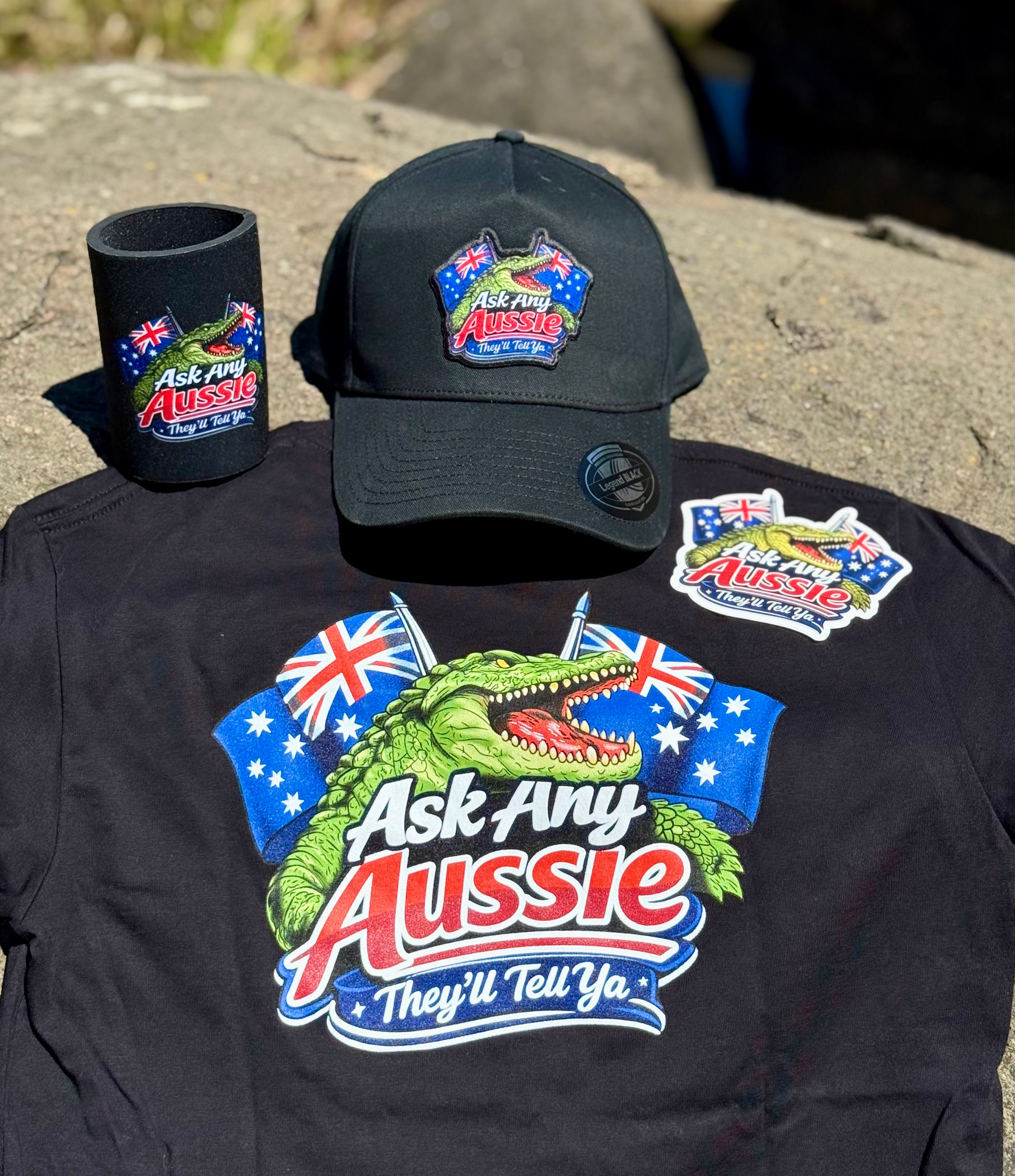 T-Shirt, Hat, Stubbie Cooler & Sticker Package - Ask Any Aussie, They'll Tell Ya