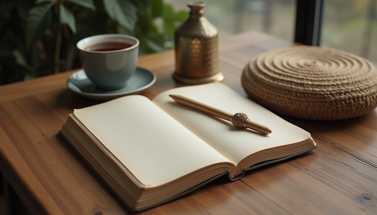 High angle view of a journal and a cup of tea on a table next to a meditation cushion