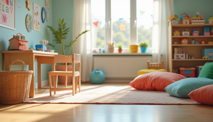 Eye-level view of a colorful classroom corner designed for SEN children with sensory toys and learning materials
