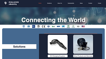 A screen shot of Evalucon eMobility's new website with links to different solutions and EV charging cables. Tabs at the top of the screen shot going from left to right: Home, Solutions, About Us, Sustainability, News, Contact, Career.