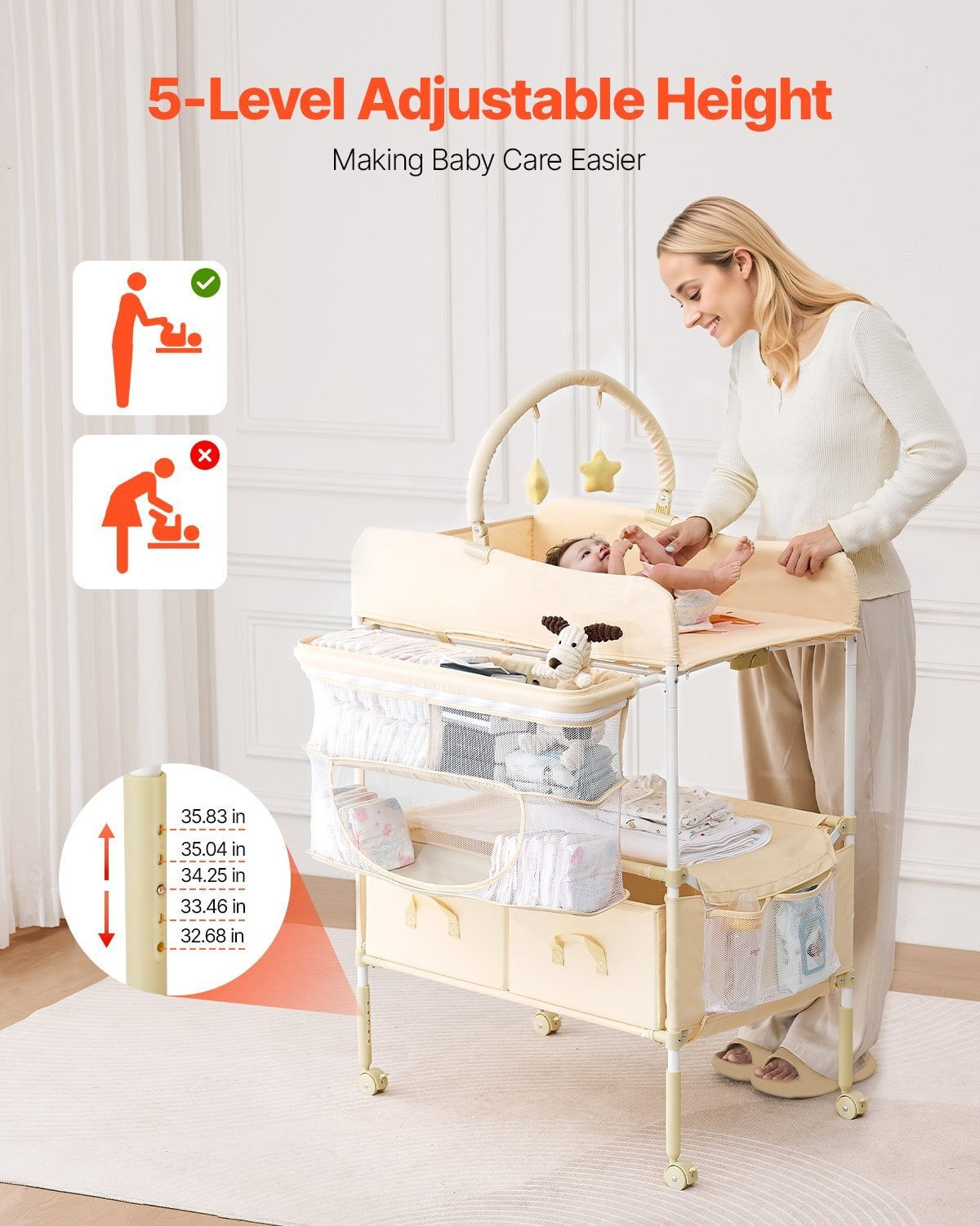 Baby Changing Table, Foldable Diaper Change Station with 2 Fabric Drawers
