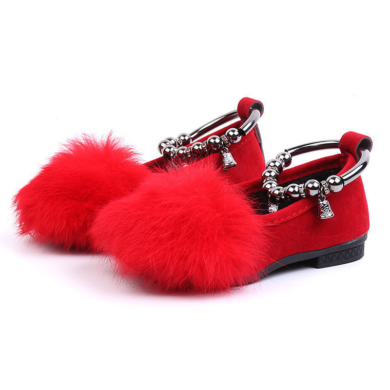 Girls' Princess Shoes With Flat Bow And Fur (Grey, 30)