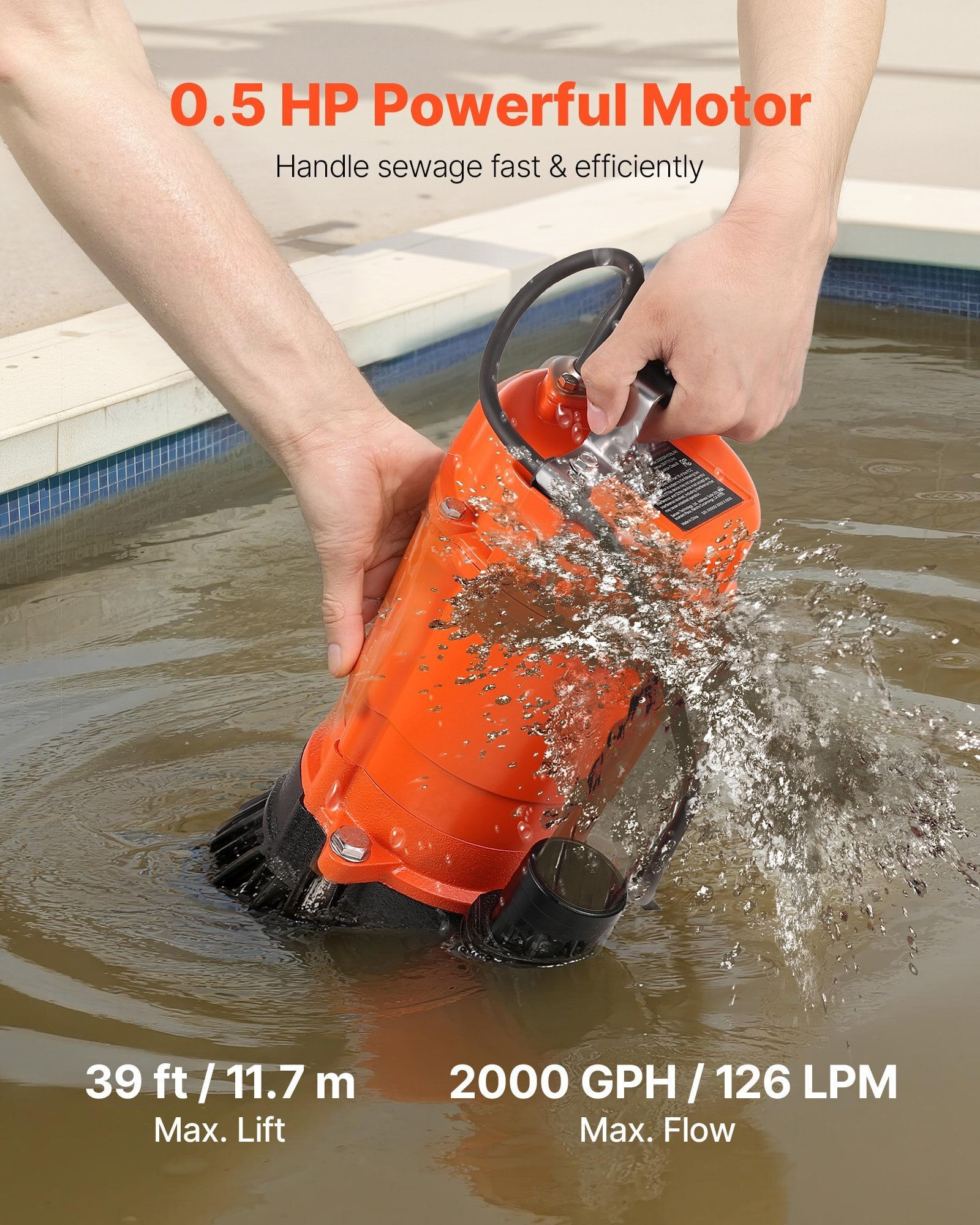 1/2 HP Submersible Trash Pump, 2000 GPH