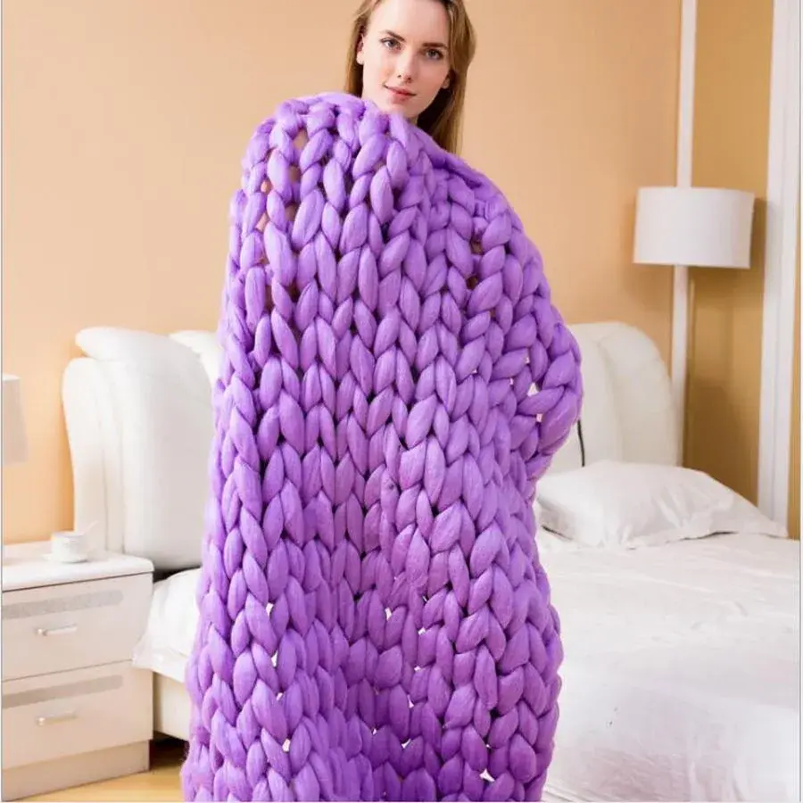Thumbnail: Chunky Merino Wool Blanket Thick Large Yarn Roving Knitted Blanket