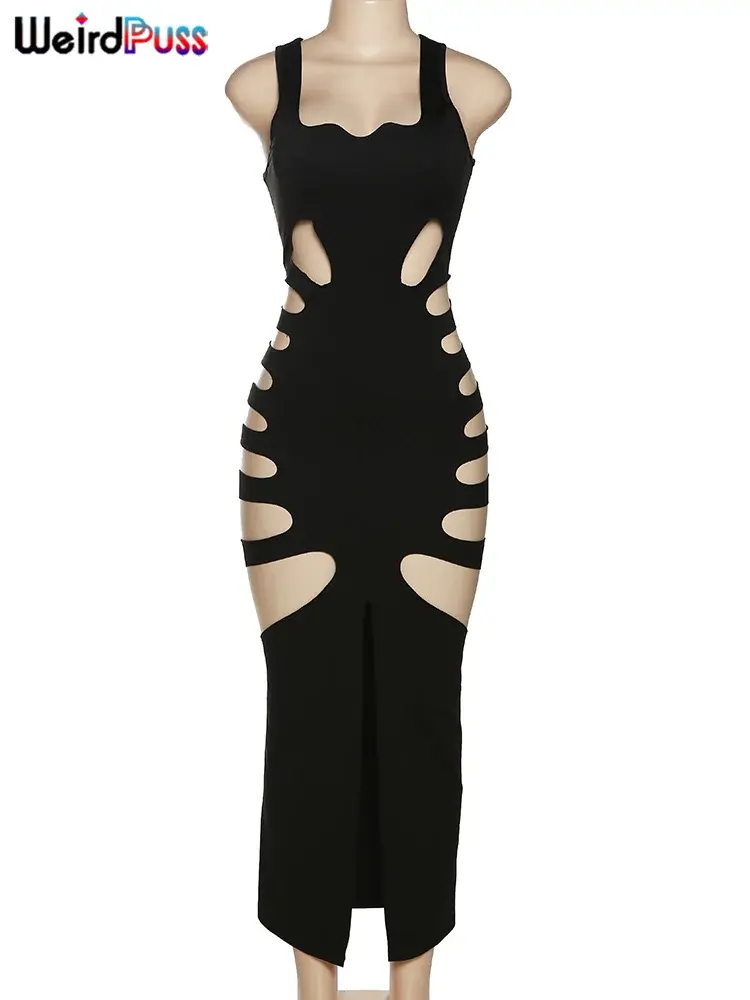 Thumbnail: Weird Puss Hollow Sexy Dress Sleeveless Split Solid Skinny Stretch Maxi Bodycon