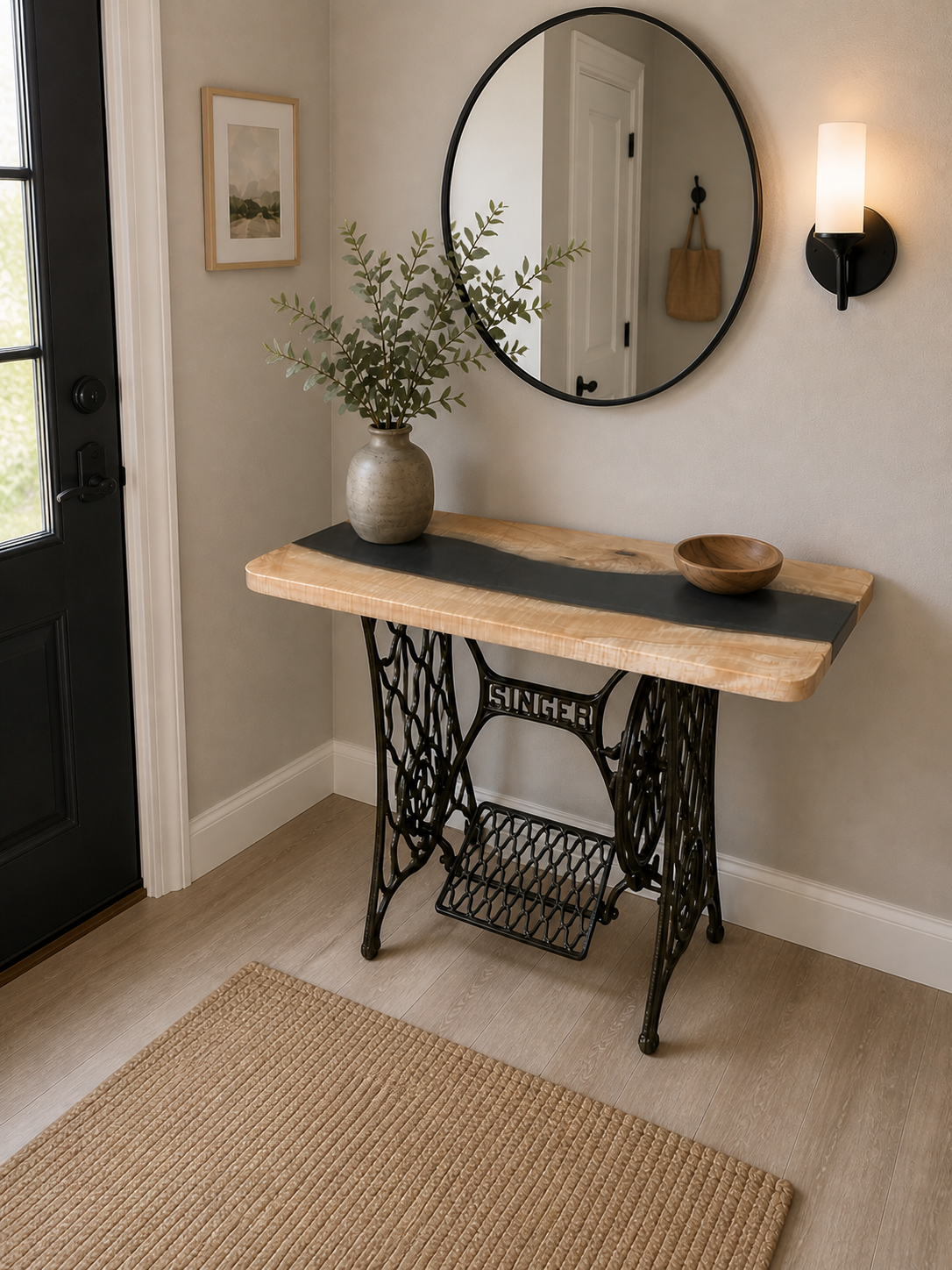 Singer base entry table black resin in maple