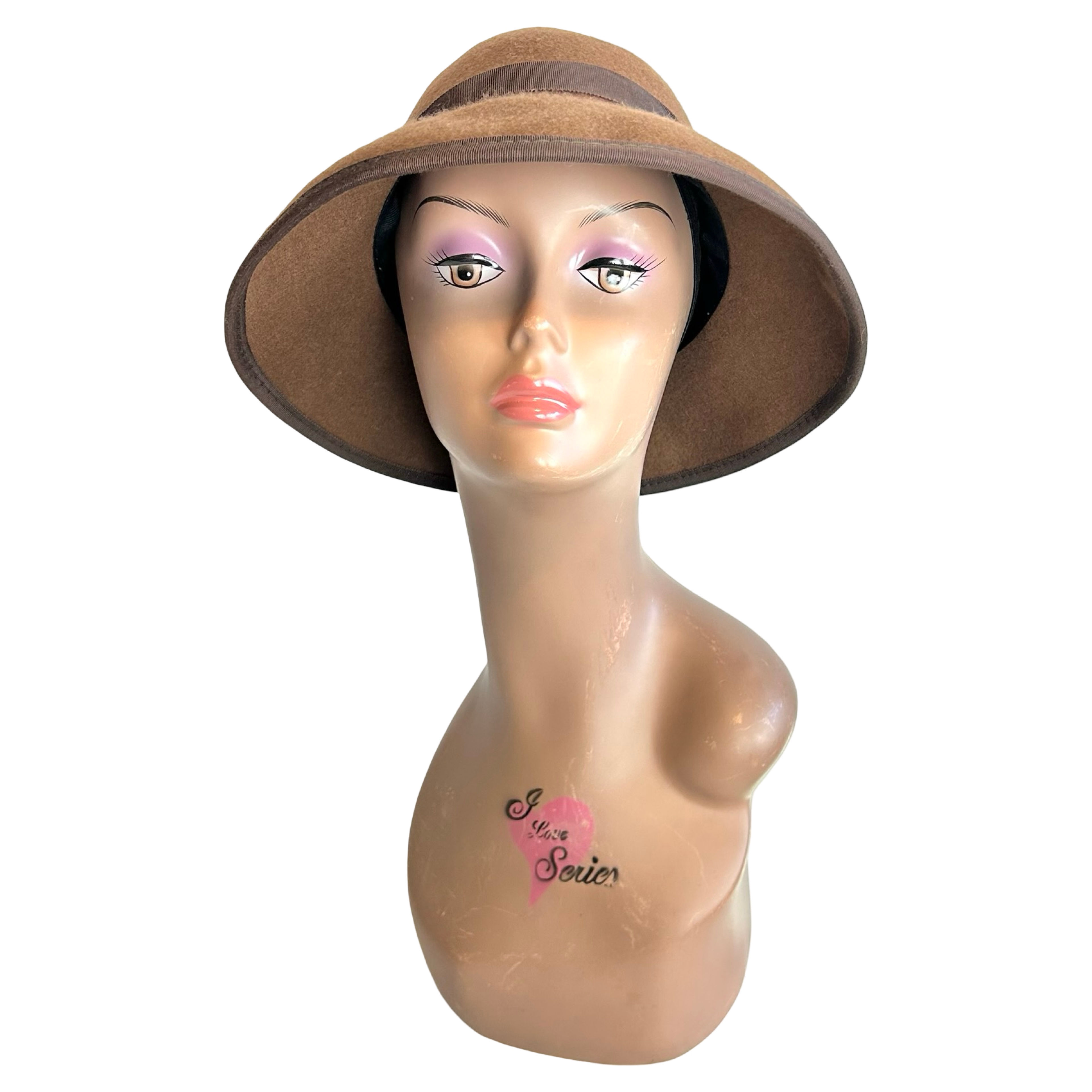 Vintage 1960s Brown Wool Felt Cloche Lampshade Hat