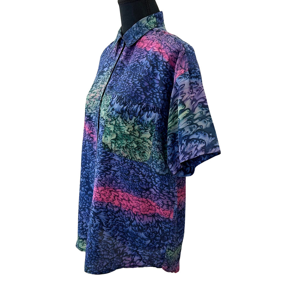 Thumbnail: Vintage 90s Lady Foot Locker Watercolor Abstract S/S Silk Blouse